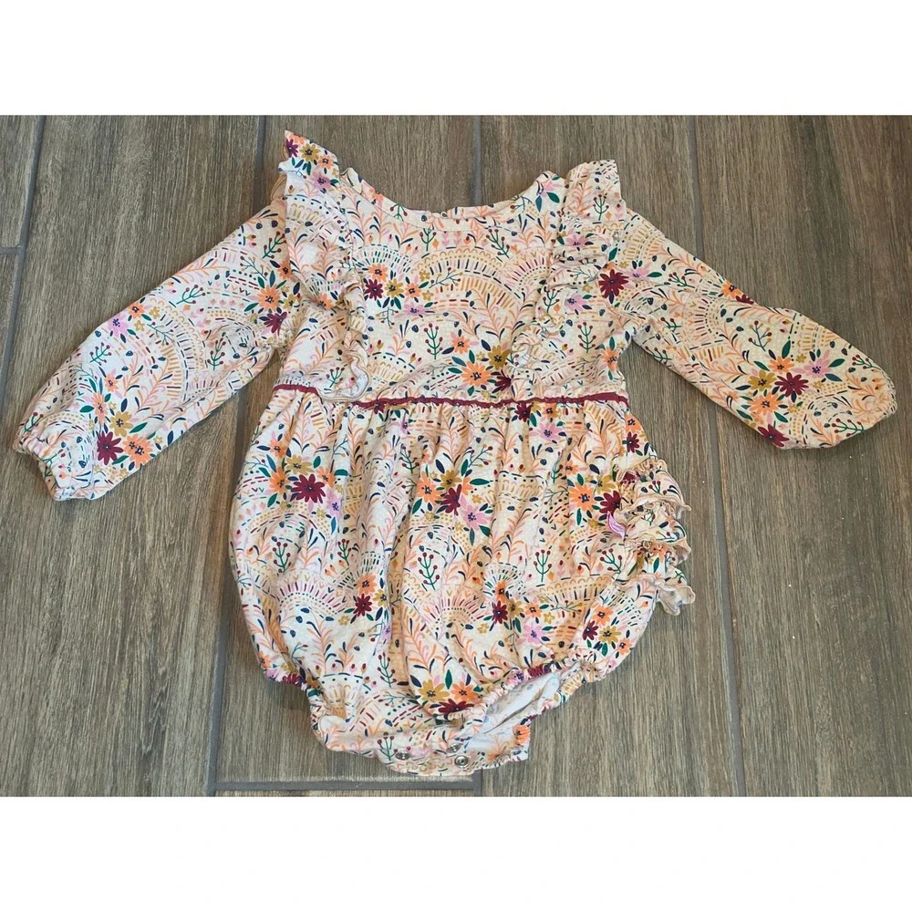 RuffleButts Baby Girls Floral Ruffle Back Long Sleeve Bubble Romper 12-18M